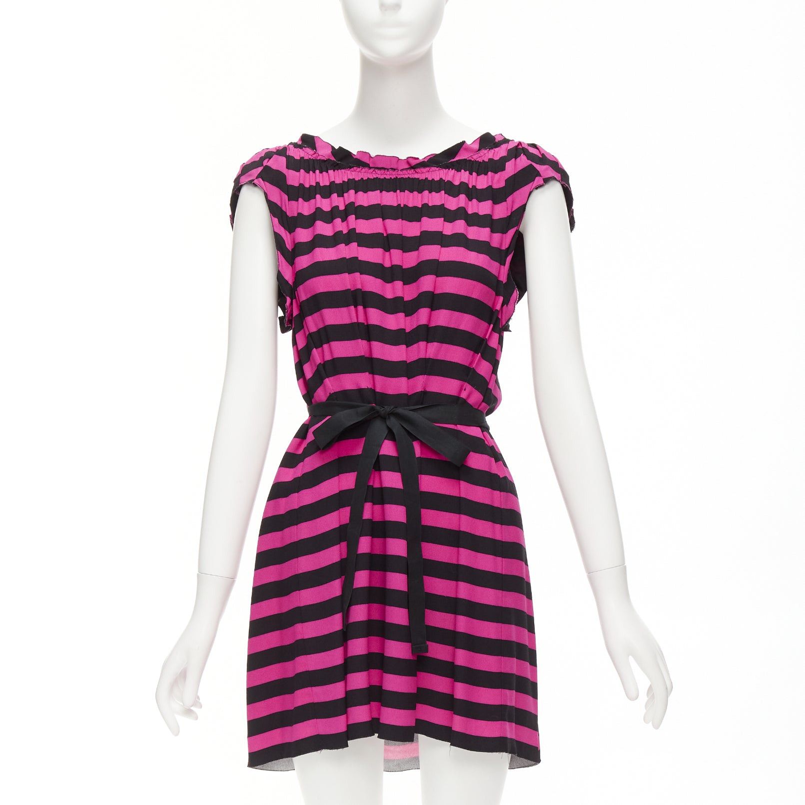 image of Prada Black Hot Pink Striped Pleated Drop Neck Ribbon Belt Mini Dress It38 Xs, Women's