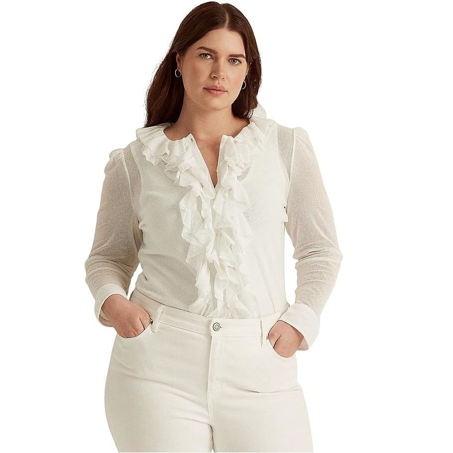 image of Lauren Ralph Laurent Women Mesh Tulle Blouse Shirt Size 2X in White