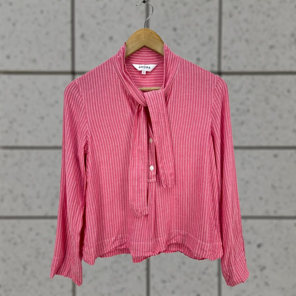 Vintage Brora Blouse Shirt Womens Size 10 Long Sleeve Lightweight Viscose Linen Pink White Stripe Regular Summer Spring Cookie? Size L / US 10 / IT 46 - 1 Thumbnail