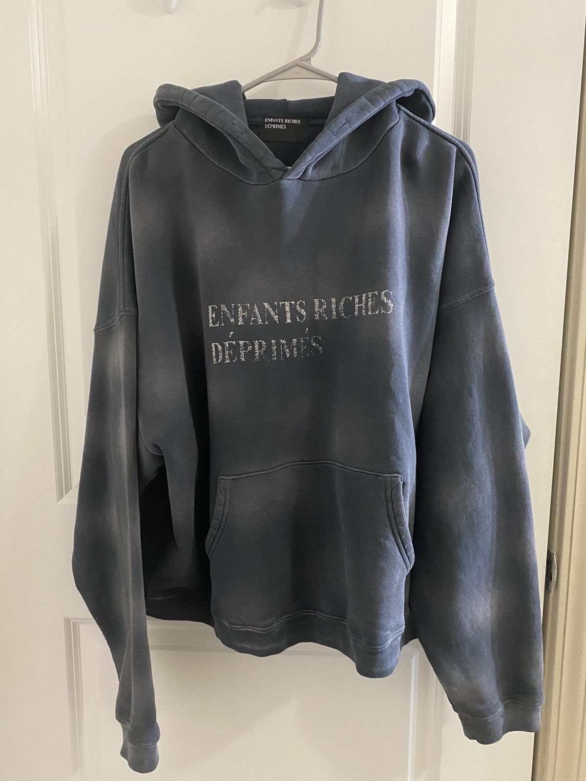 image of Enfants Riches Deprimes 22Fw Faded Distressed Logo Hoodie in Blue, Men's (Size Large)