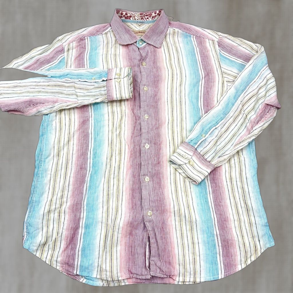 Tommy Bahama Tommy Bahama Shirt Men Large Pink Striped Linen Button-Up Size US XL / EU 56 / 4 - 1 Thumbnail