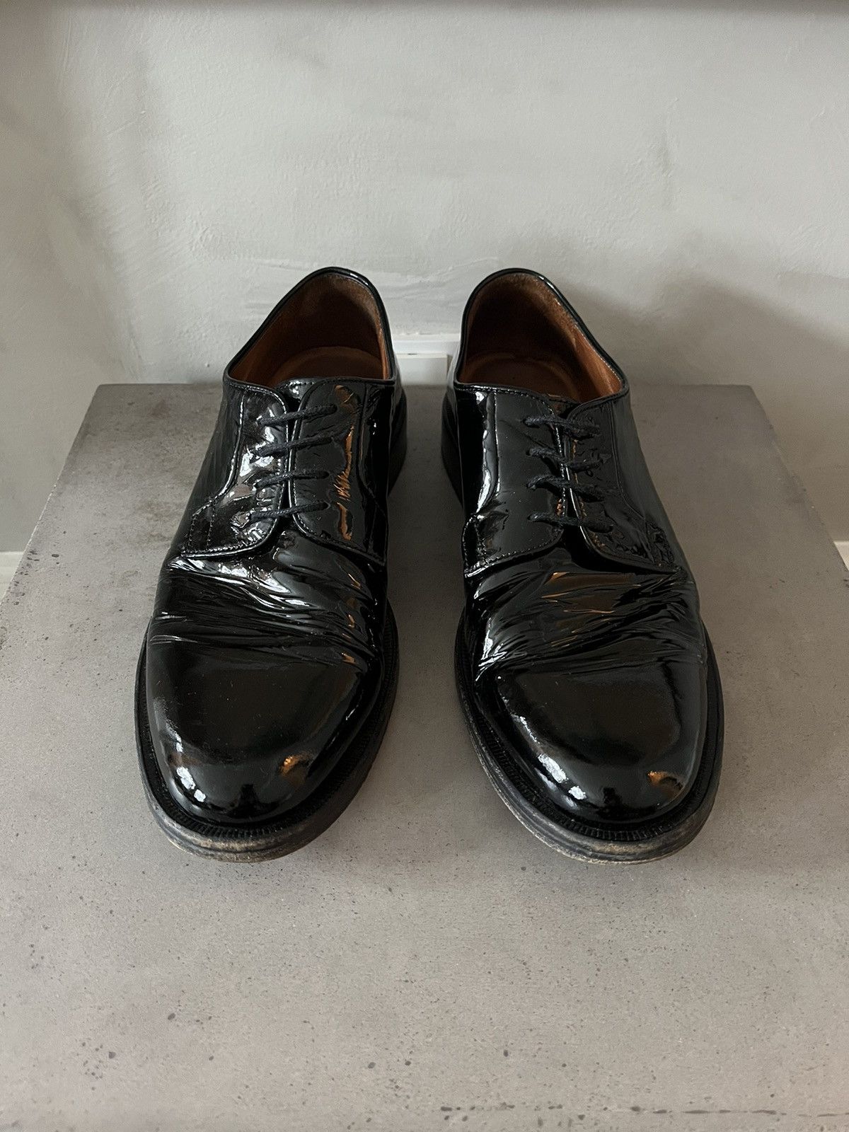 image of A P C Patent Leather Derby Lace Up Shoes in Black Patent, Men's (Size 9)