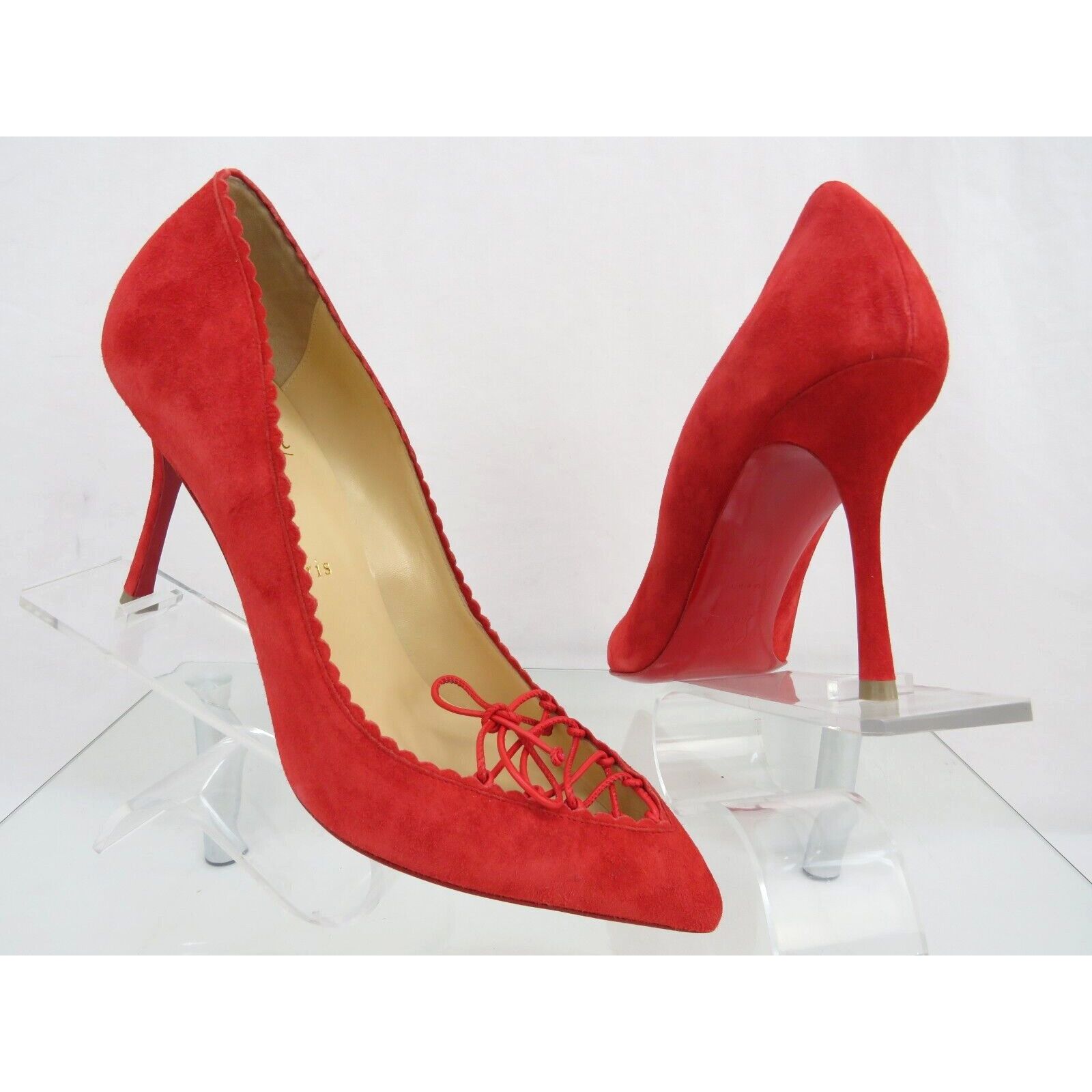 Christian Louboutin SCALOPUMP 85 RED SUEDE LEATHER LACE TIE POINTED TOE PUMPS 40 Size US 10 / IT 40 - 3 Thumbnail