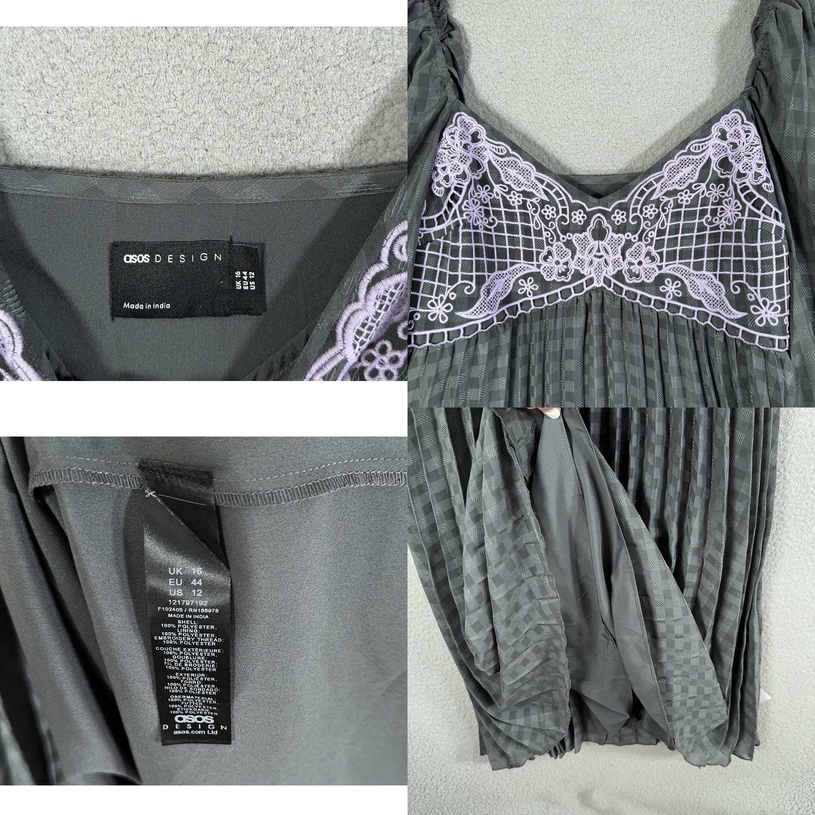 Asos ASOS Dress Womens 12 Gray Embroidered Pleated Lace Long Sleeve Fairy Coquette Whimsigoth Maxi Size XL / US 12-14 / IT 48-50 - 8 Thumbnail