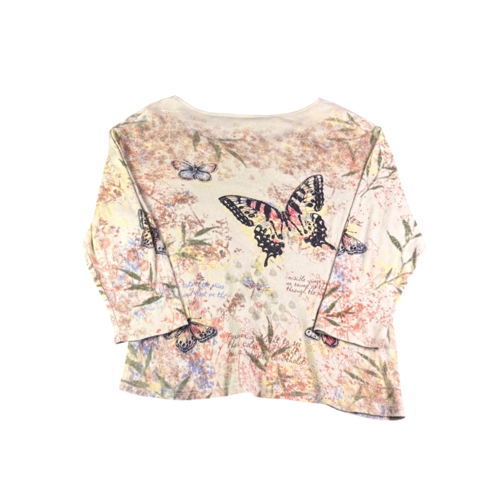 Vintage Morning Sun Floral V-Neck Top XL Green 100% Cotton Knit 3/4 Sleeve Rhinestone Womens T-Shirt Size XL / US 12-14 / IT 48-50 - 2 Thumbnail