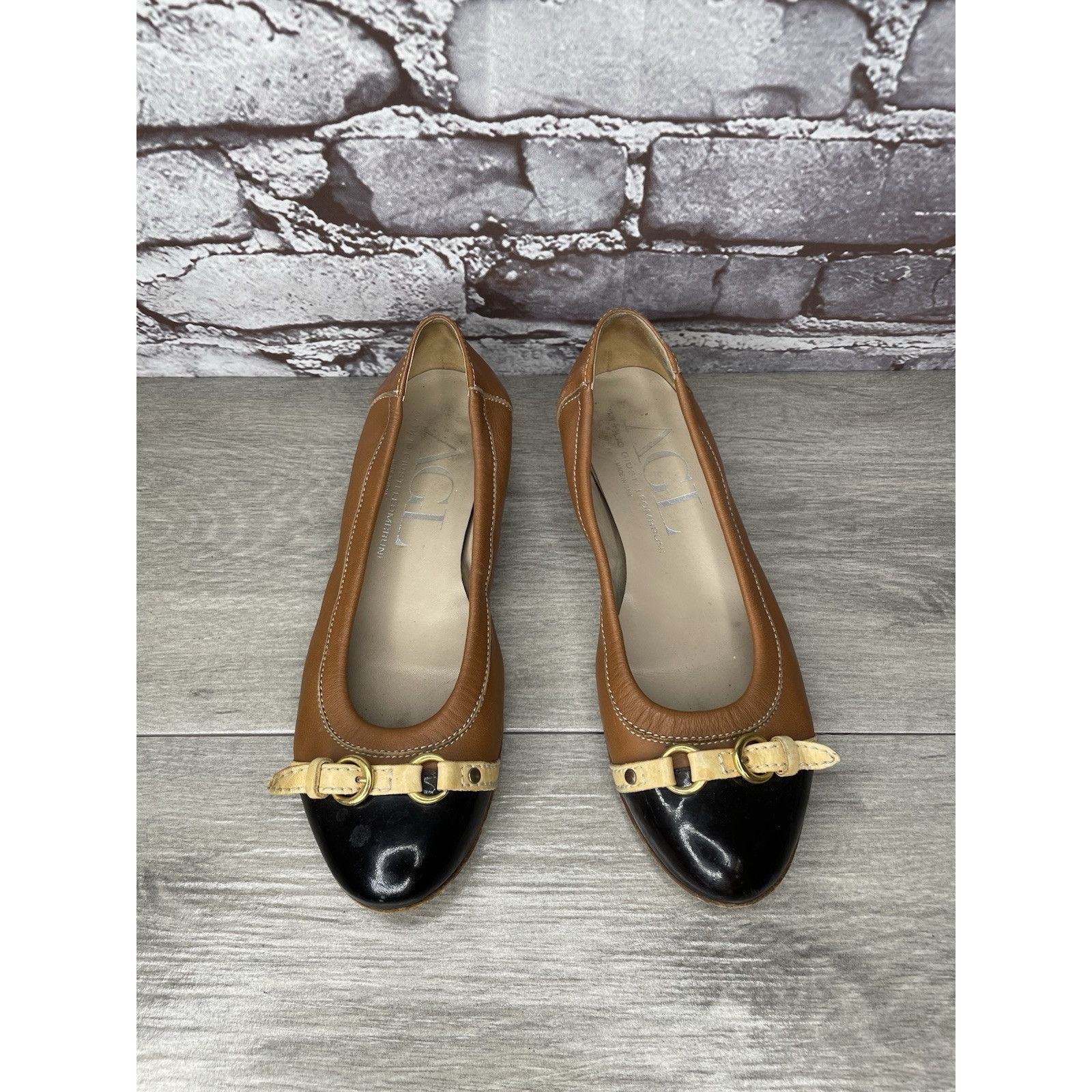 AGLINI AGL SPECTATOR Brown Leather Black Patent Cap Toe Ballet Flat Size US 6 / IT 36 - 16 Thumbnail