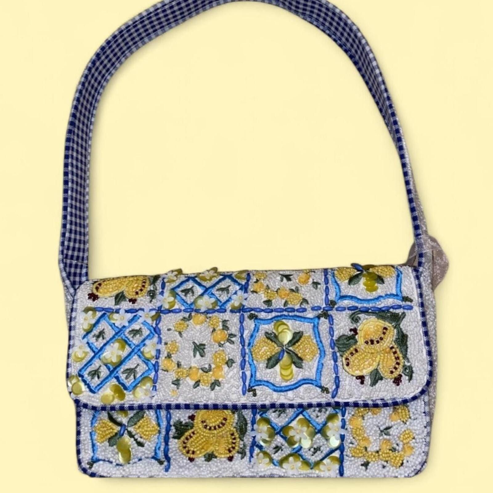Marsell TikTok Viral Yellow and Blue Lemon Toile Tile Beaded Bag Size ONE SIZE - 1 Thumbnail