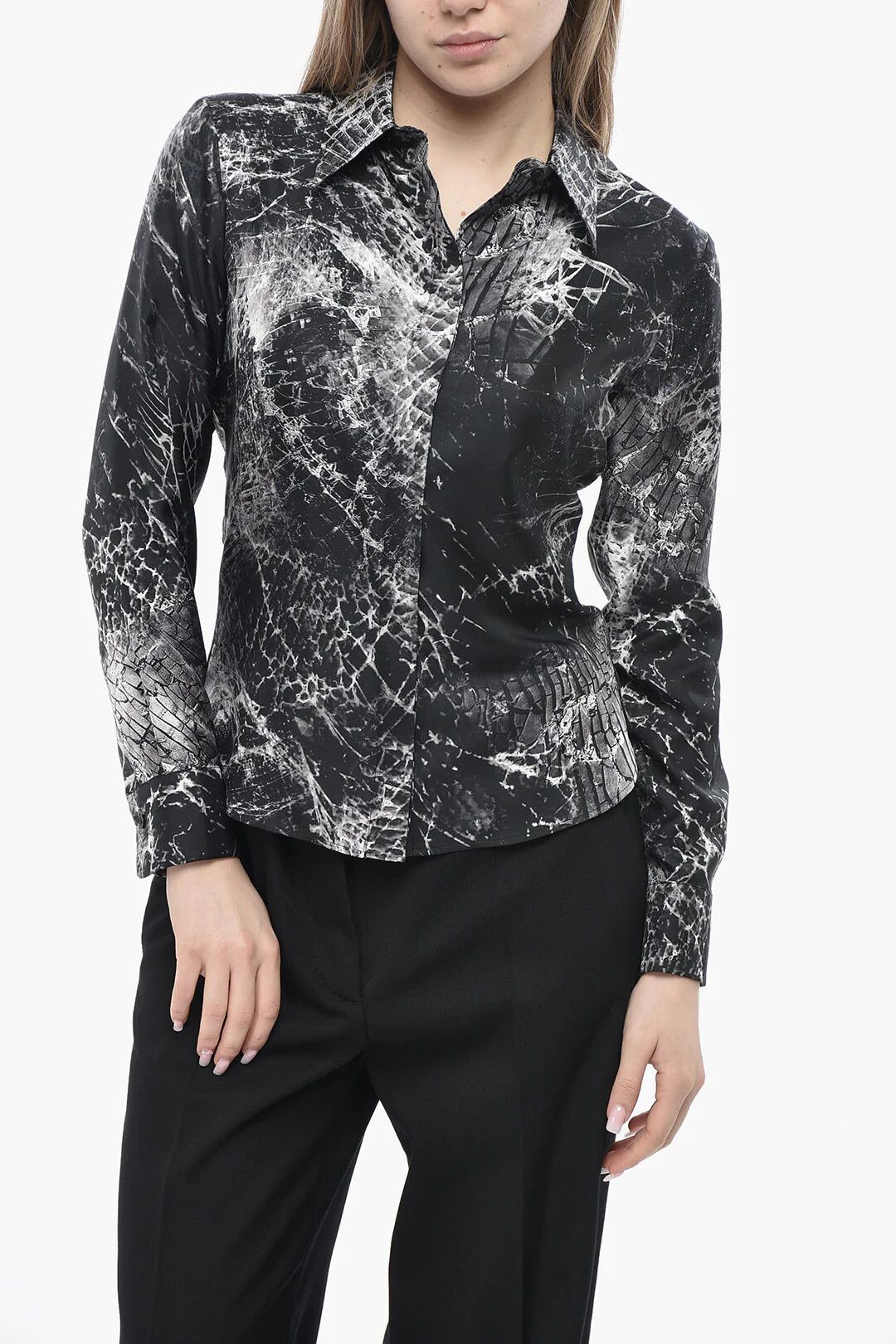 Alexander McQueen og1mm0426 Printed Silk-Satin Shirt in Black Size XS / US 0-2 / IT 36-38 - 1 Thumbnail