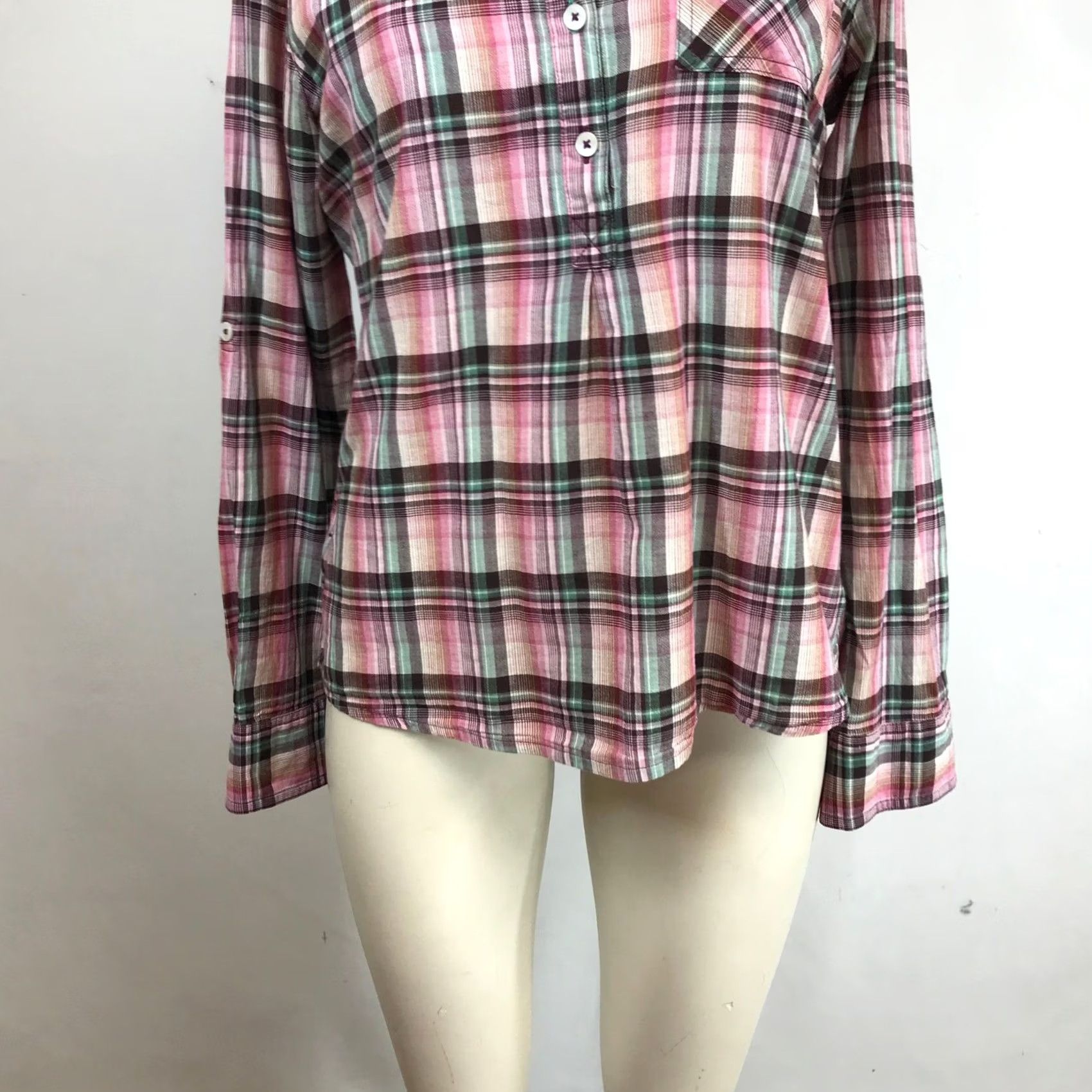 Prana Prana Womens Small Pink Teal Plaid Henley Shirt Top Roll Tab Sleeve Button-Down Shirt Top Size S / US 4 / IT 40 - 3 Thumbnail