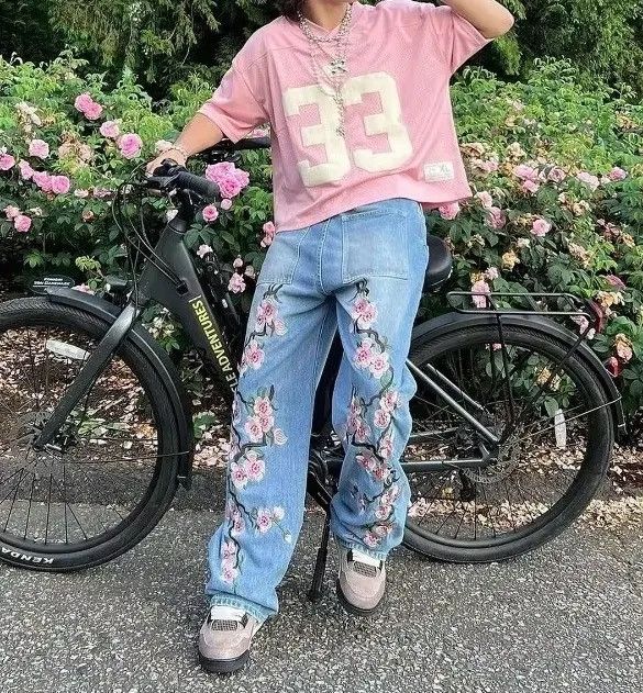 Japanese Brand × Jean embroidery cherry flower wide leg Jeans Size US 31 - 1 Thumbnail