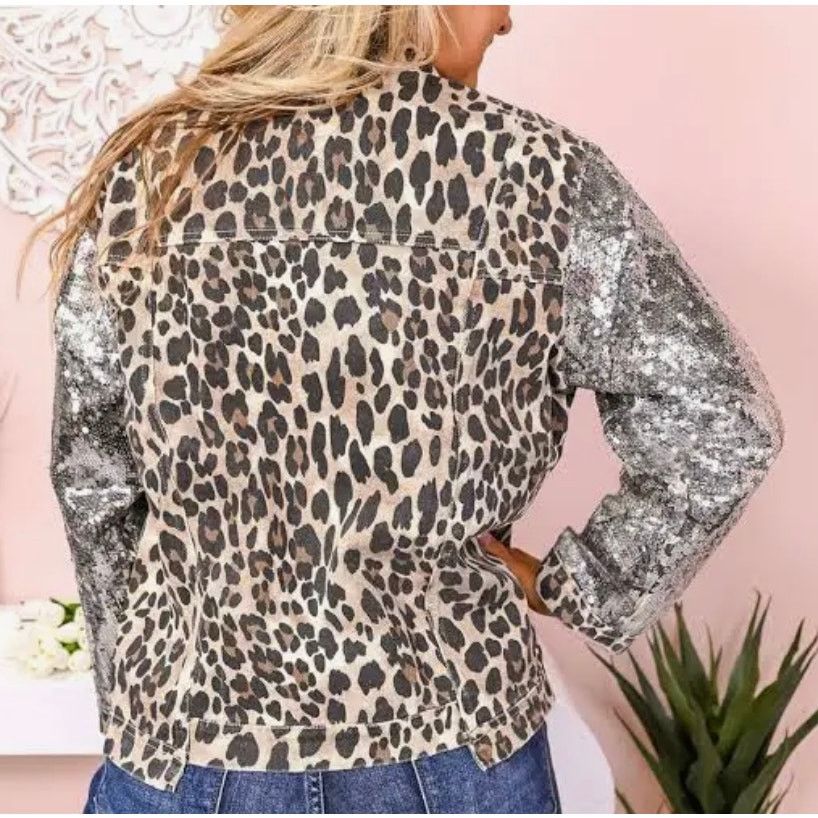Macron Macaron Sequin Sleeve Leopard Print Jean Jacket Small Size S / US 4 / IT 40 - 3 Thumbnail
