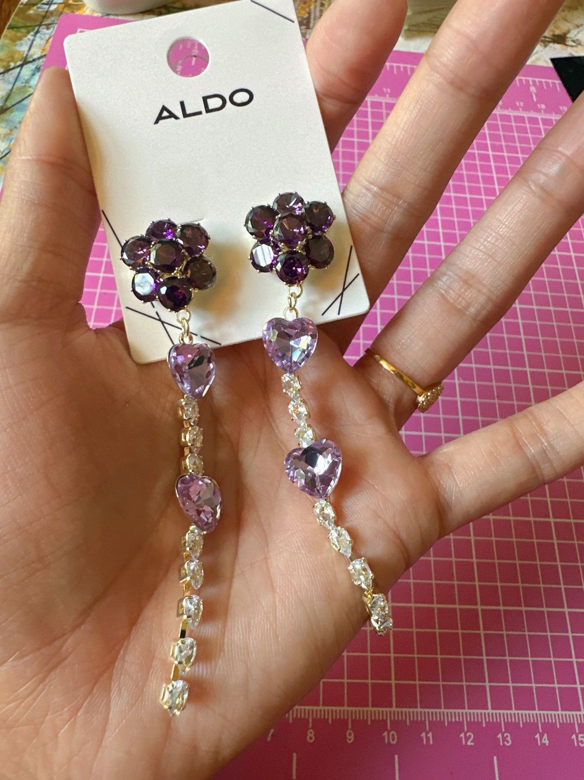 Aldo Aldo earrings gold tone purple heart crystal diamond paved Size ONE SIZE - 3 Thumbnail