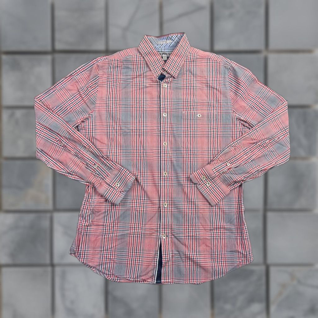 Express Express Mens Large Red Long Sleeve Button Up Fitted Check Plaid Stretch Shirt Size US L / EU 52-54 / 3 - 1 Thumbnail