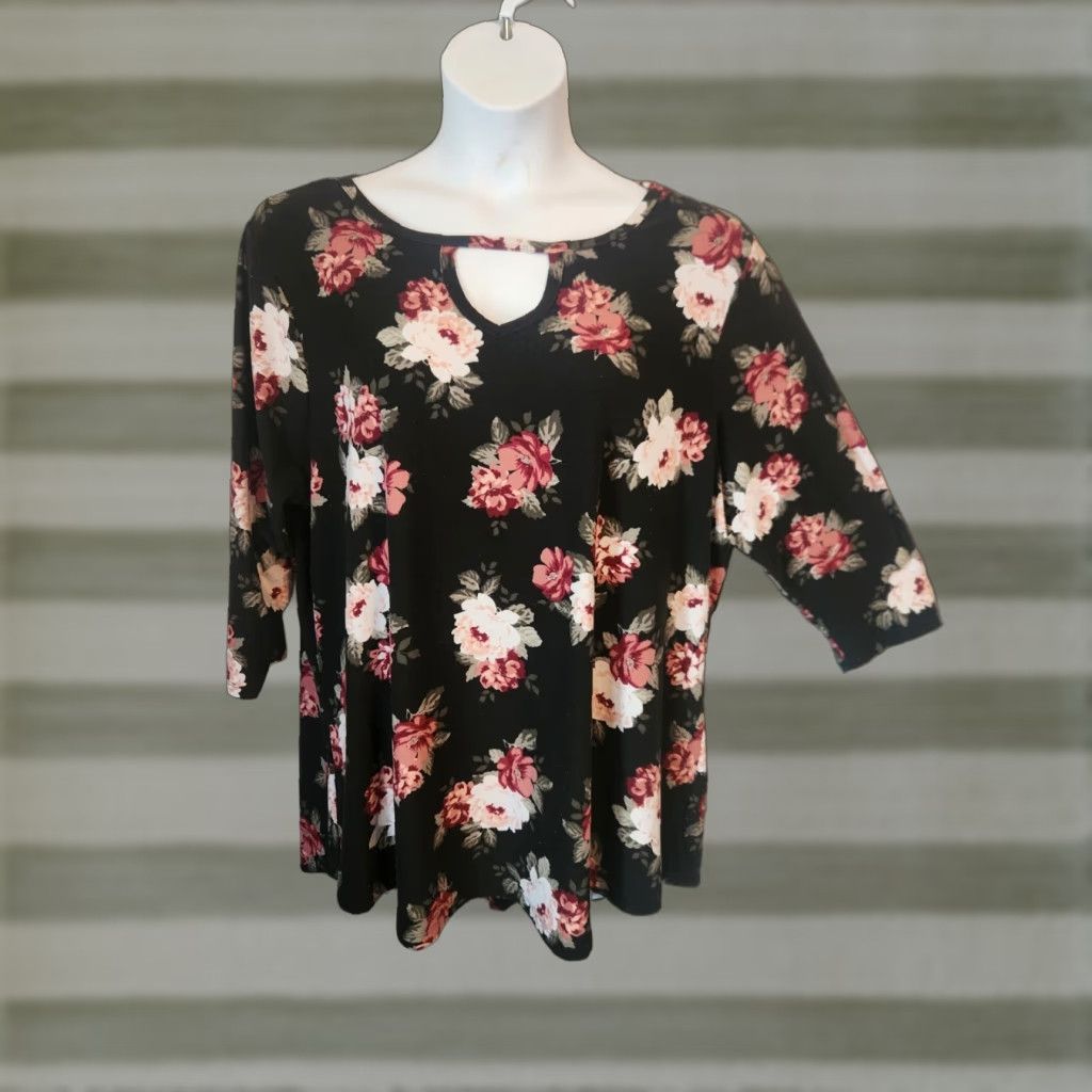 Vintage Bobbie Brooks Black Floral Print Keyhole Trim Casual Top Shirt 3X Plus Size XXL / US 16-18 / IT 52-54 - 1 Thumbnail