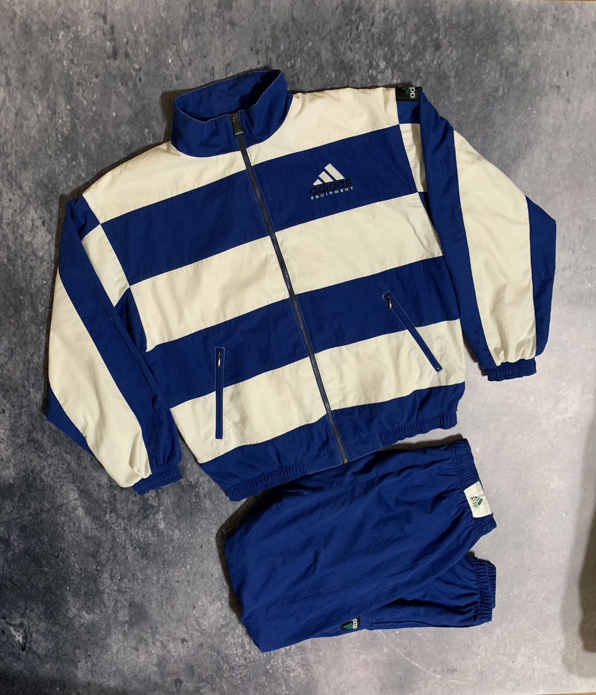 image of Vintage Adidas Equipment Jacket + Pants Track Suit Baggy 90's in Blue/White, Men's (Size Medium)