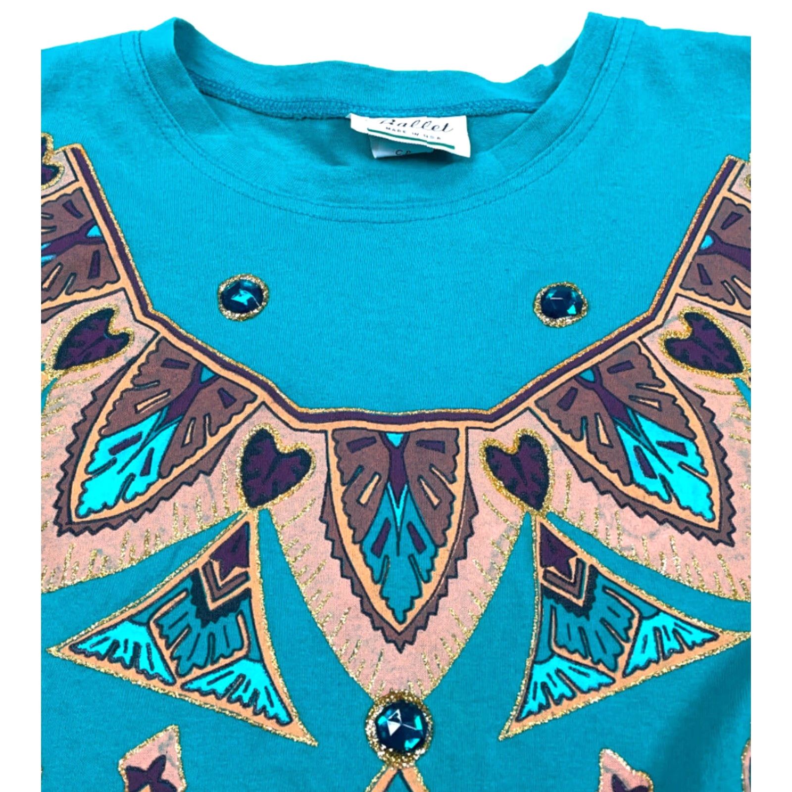Vintage VINTAGE Ballet Southwestern Jeweled T-Shirt Adult One Size Green Geometric 90s Womens Size ONE SIZE - 4 Thumbnail