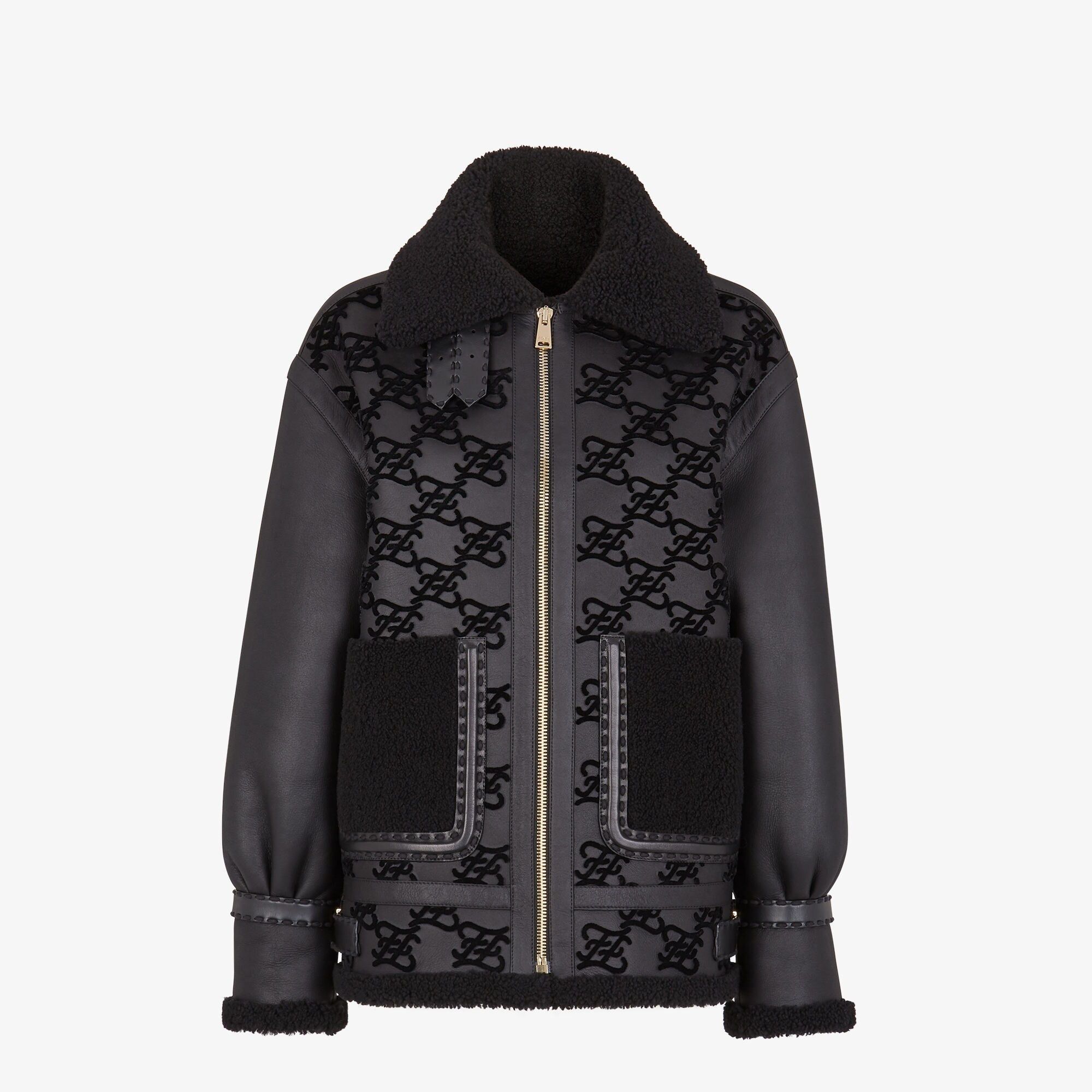 Fendi Black Shearling Jacket - Aviator Style, FF Karligraphy Motif Size M / US 6-8 / IT 42-44 - 1 Thumbnail