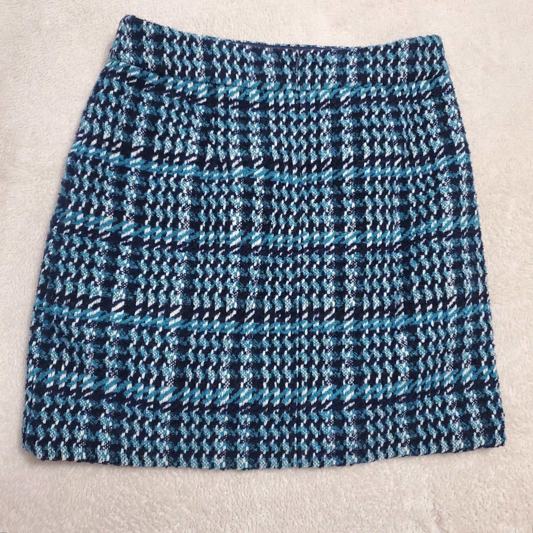 Loft VINTAGE Loft Mini Skirt Women 4 Blue Houndstooth Wool Blend Zip Pockets Academia Preppy Size 27" / US 4 / IT 40 - 2 Thumbnail