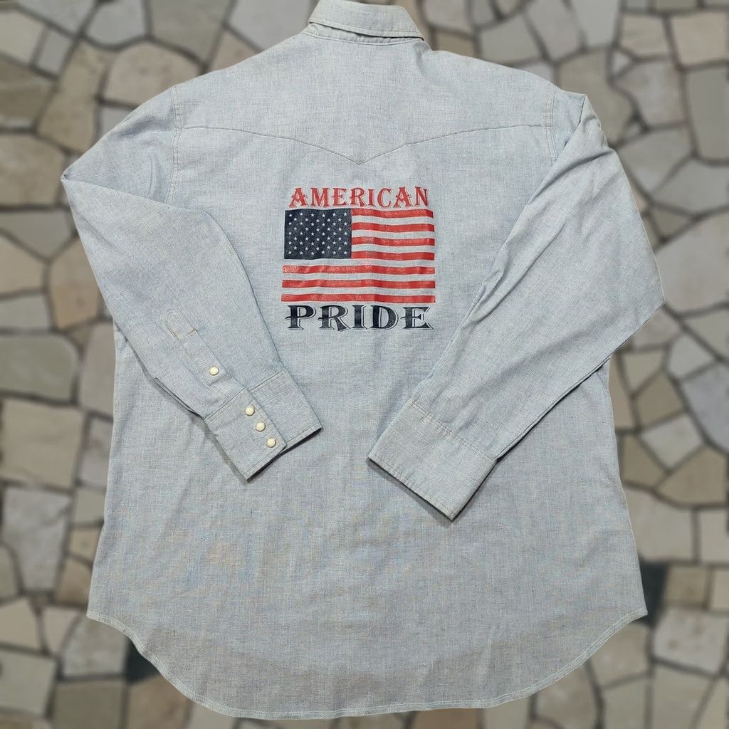 Wrangler VINTAGE Wrangler Chambray Western Shirt Mens 17.5 X 35 Pearl Snap American Flag USA Size US XXL / EU 58 / 5 - 1 Thumbnail
