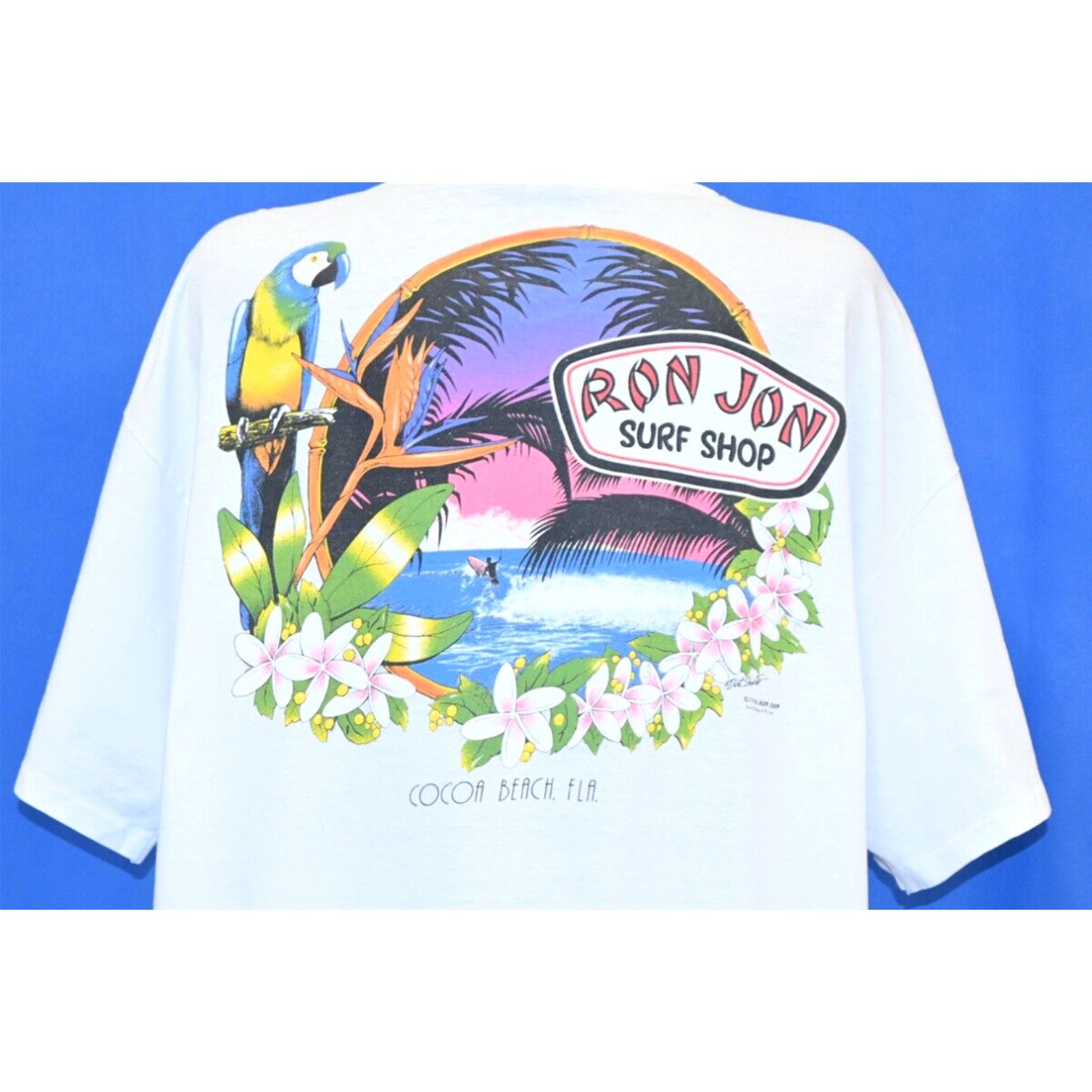 Image of Hanes Vintage 80's Ron Jon Surf Shop Cocoa Beach Fl Paradise Parot Surfing T-Shirt 2Xl in White