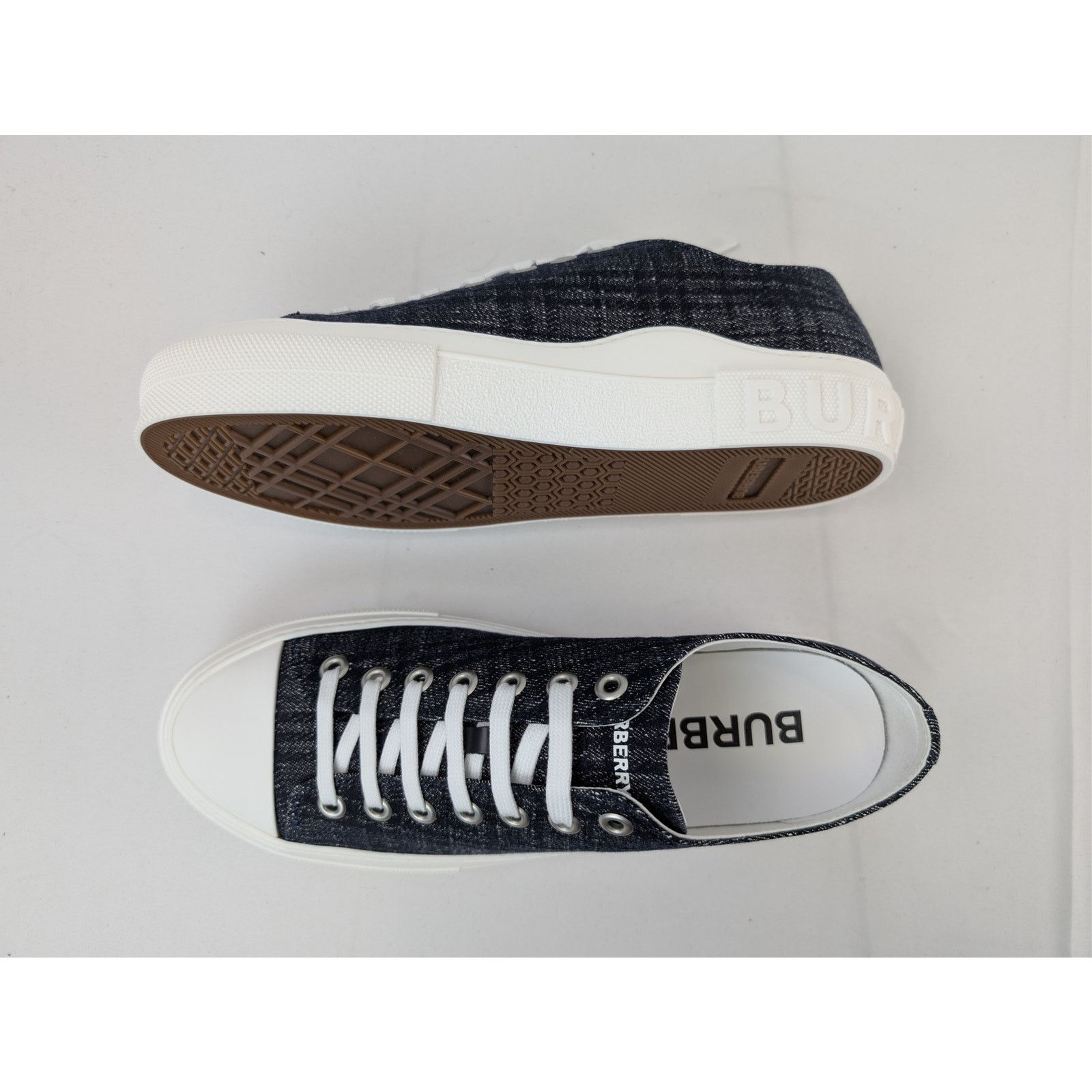 Burberry o1rshd1 Jack Check denim low-top sneakers white rubber sole Size US 12 / EU 45 - 1 Thumbnail