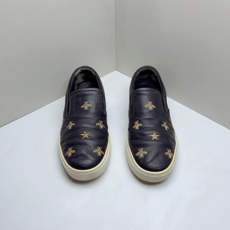 Gucci Gucci Black Leather Bee Embroidered Slip-On Sneakers -2508 Size US 9.5 / EU 42-43 - 2 Thumbnail
