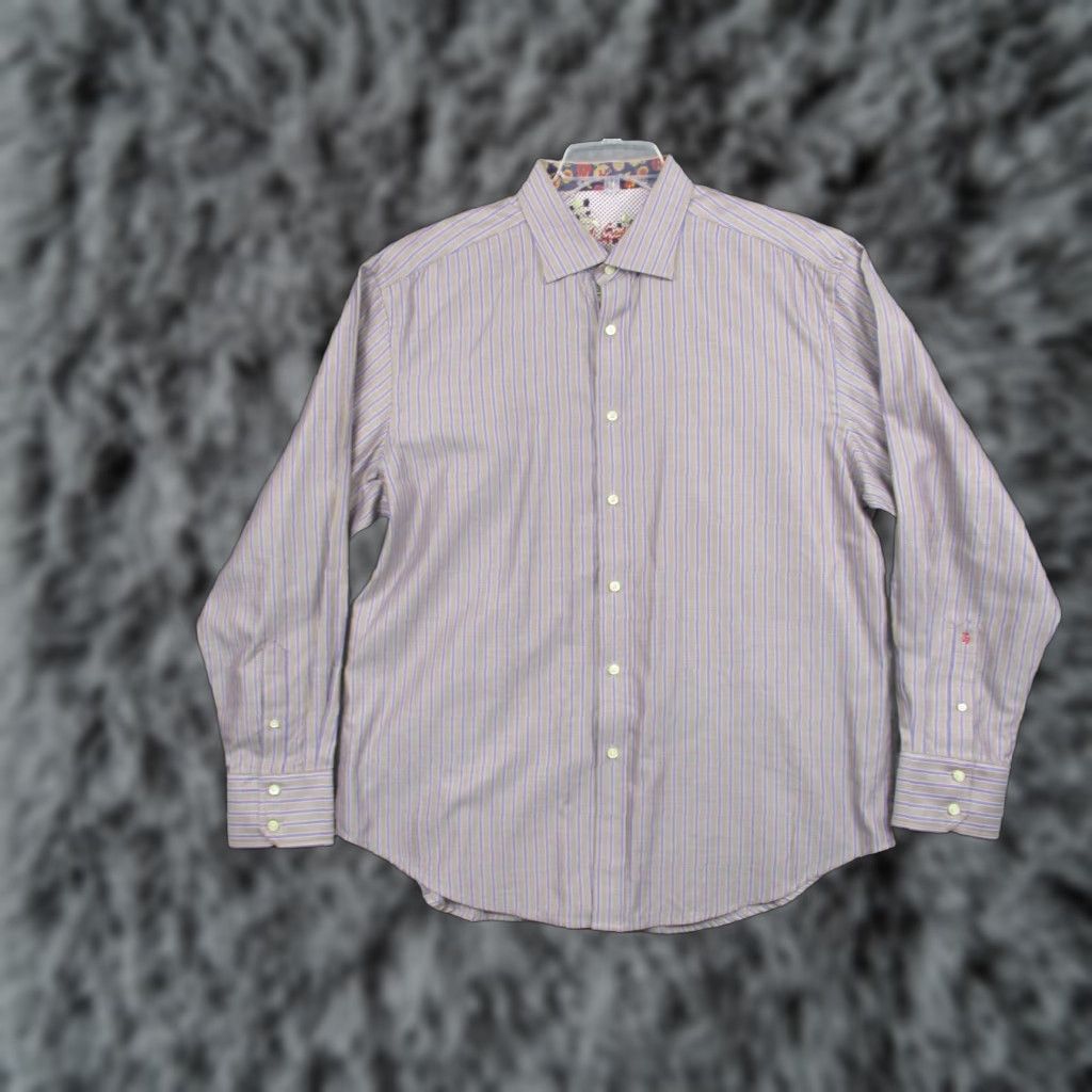 Robert Graham Robert Graham Shirt Mens 2XL Purple Striped Button Down Contrast Floral Cuffs Size US XXL / EU 58 / 5 - 1 Thumbnail