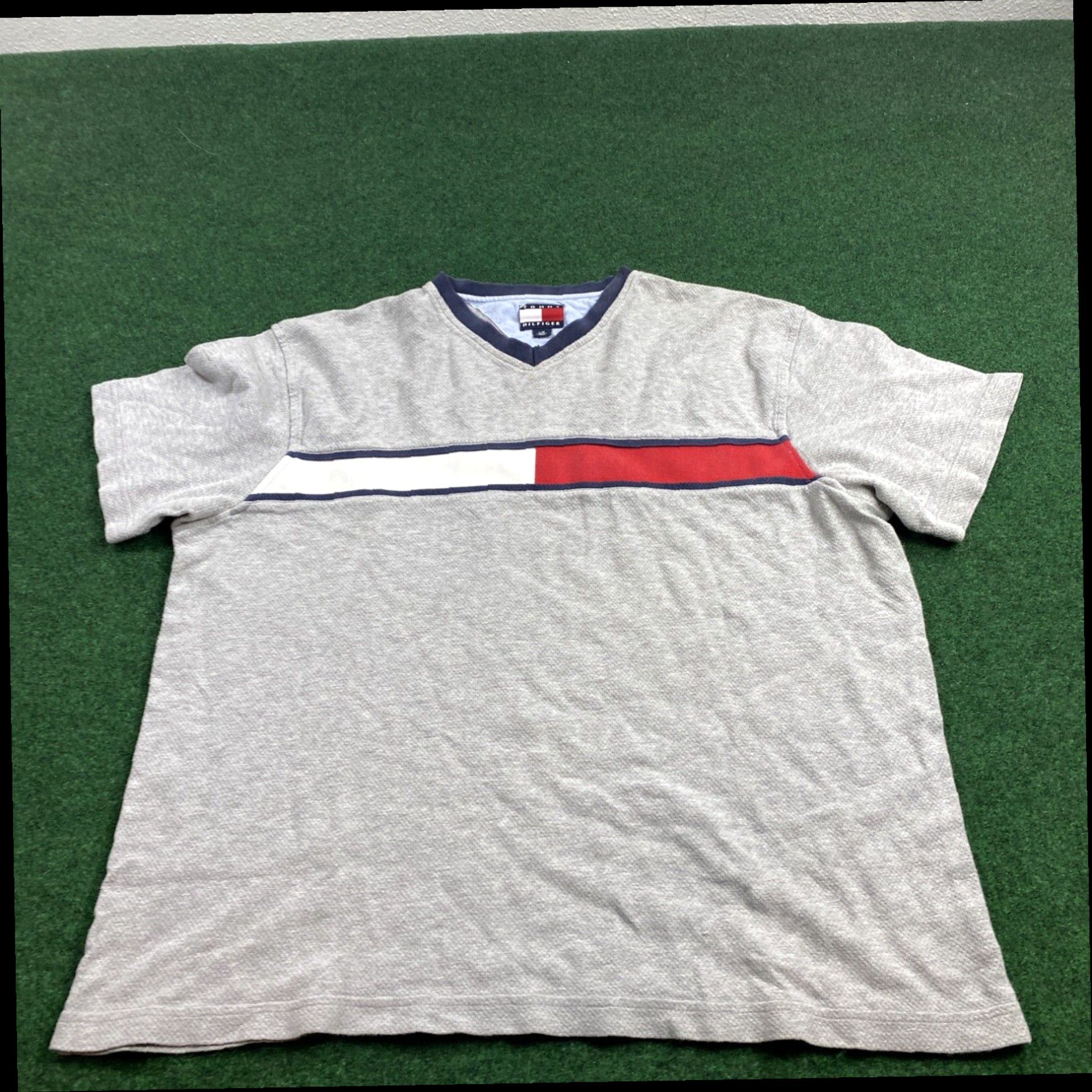 Tommy Hilfiger VTG Tommy Jeans Mens Large Shirt Gray Short Sleeve 100% Cotton V Neck Size US L / EU 52-54 / 3 - 1 Thumbnail
