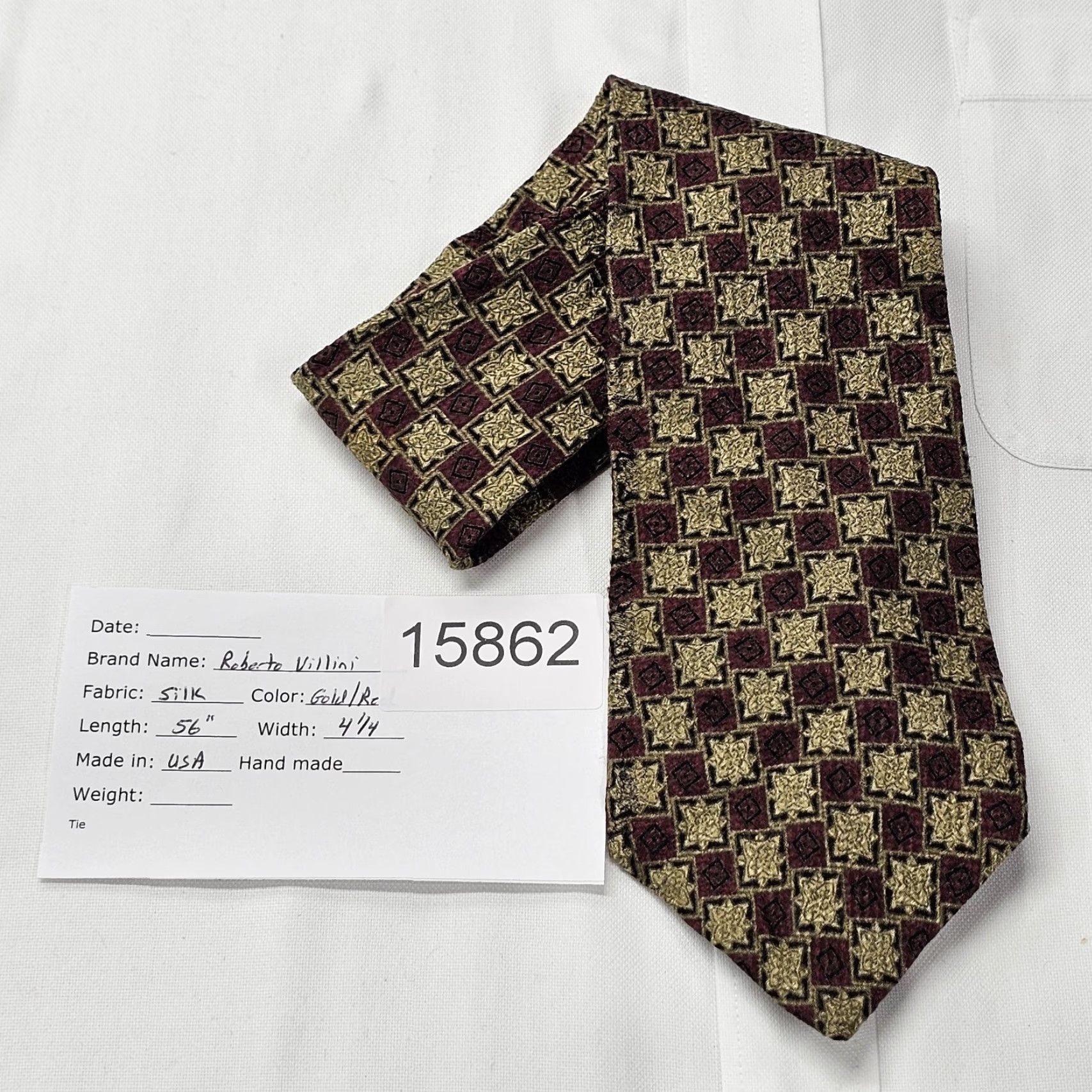 Vintage Roberto Villini Tie Geometric Silk Gold Burgandy Black 56" 4.25" Necktie Men’s Designer Silk Tie Size ONE SIZE - 6 Thumbnail