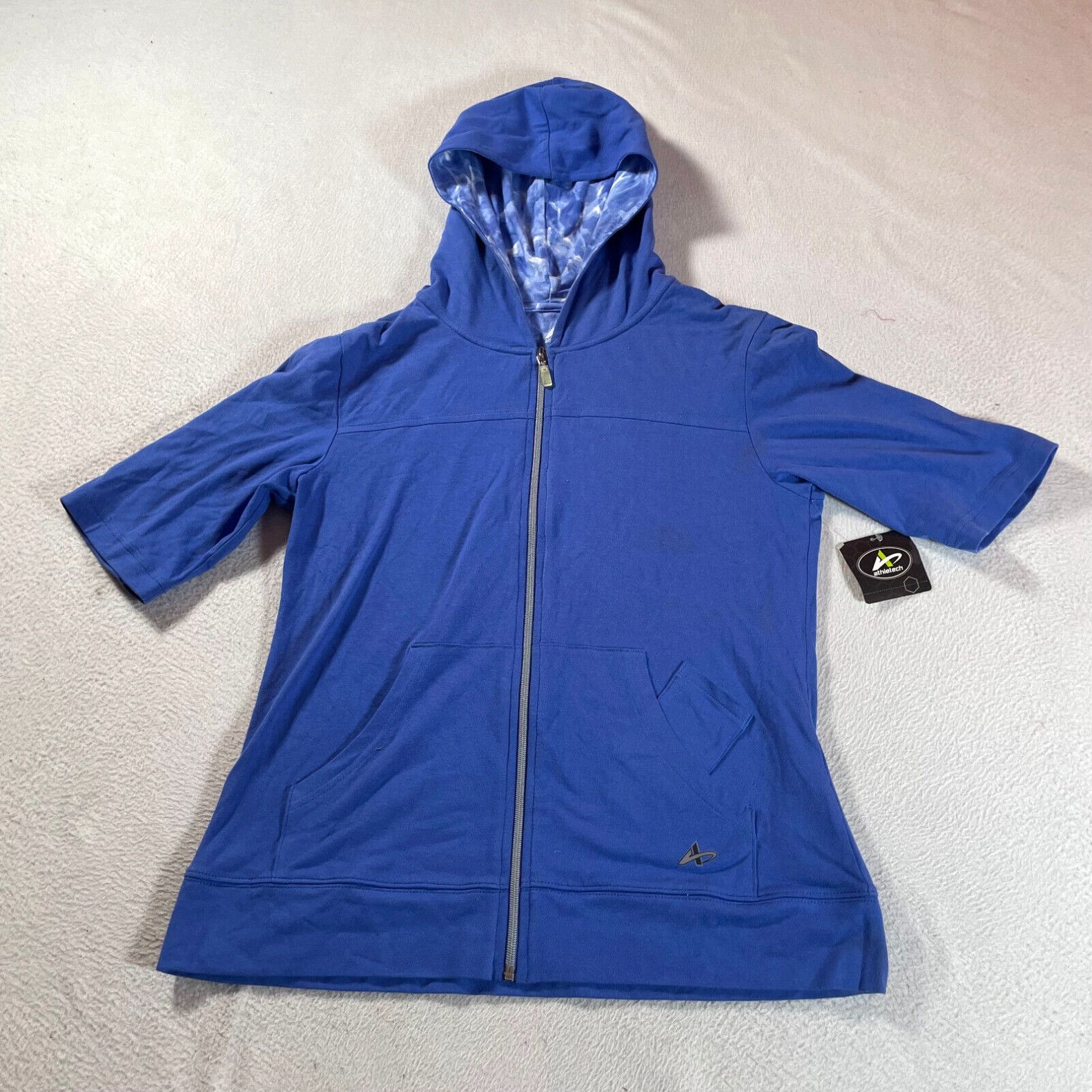 Vintage Athletech Jacket Womens Large Blue Short Sleeve Hooded Full Zip Pockets Hoodie Grailed