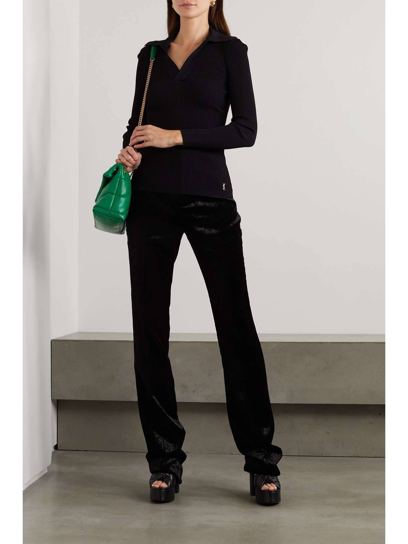 Saint Laurent Paris o1tr1nto0325 705400 Embellished Ribbed-Knit Polo Sweater Size S / US 4 / IT 40 - 2 Thumbnail