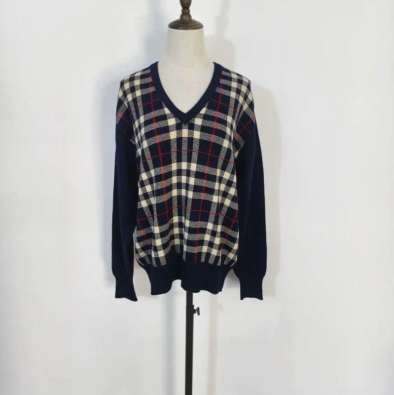 Burberry Navy Wool Plaid Long Sleeve Knit Sweater