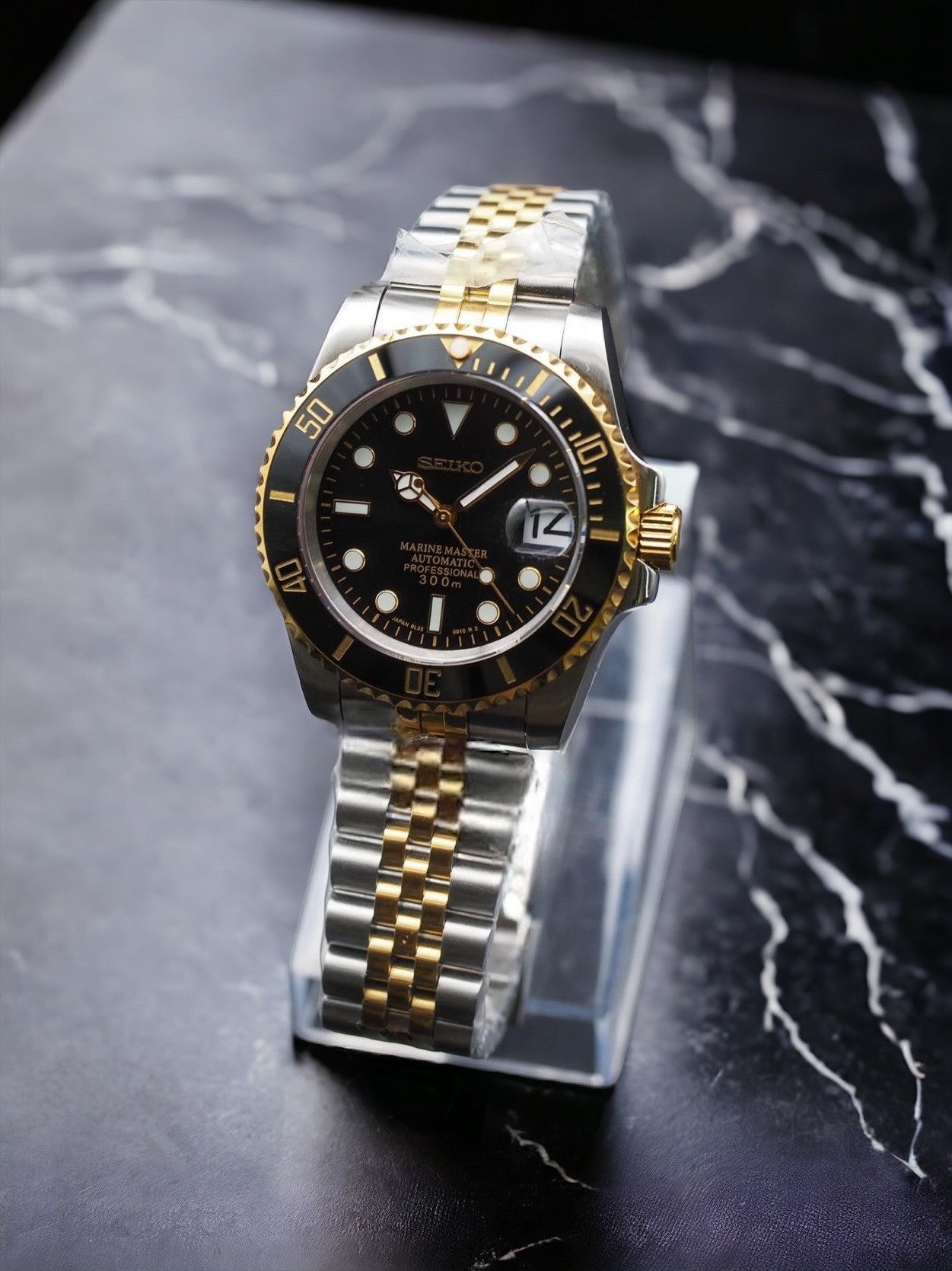 Japanese Brand Seiko Mod Submariner Date Black Steel Gold Jubilee Watch Size ONE SIZE - 2 Thumbnail