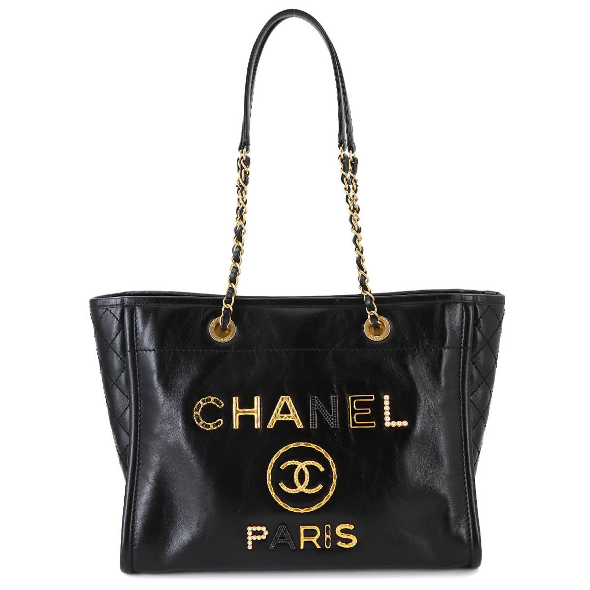 Chanel Deauville Mm Chain Tote Bag Leather Black Faux Pearl Rhinestone A67001, Women's