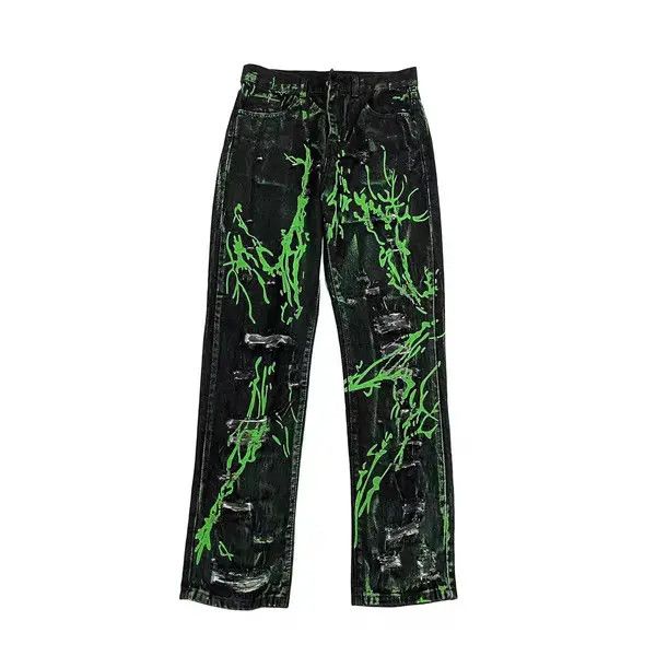 Japanese Brand Fluorescent green ink splashed hole washed distressed jeans Size US 30 / EU 46 - 4 Thumbnail