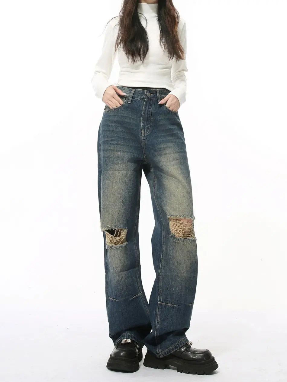 Japanese Brand Retro loose straight leg ripped jeans Size US 30 / EU 46 - 2 Thumbnail