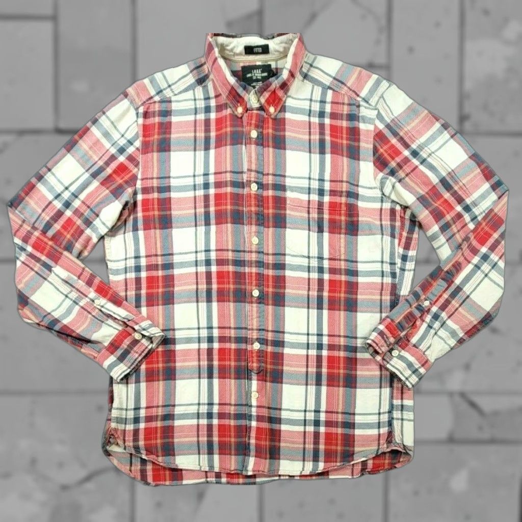 H&M L.O.G.G by H&M Mens Button-Up Shirt Plaid White Red Long Sleeve Adult Large Cotton 100% Pocket Classic Collar Mens Size US L / EU 52-54 / 3 - 1 Thumbnail