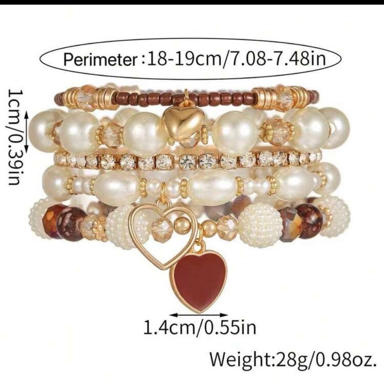 Other Boho Pearl & Crystal Heart Charm Bracelet Stack (5 Pieces) Size ONE SIZE - 6 Thumbnail