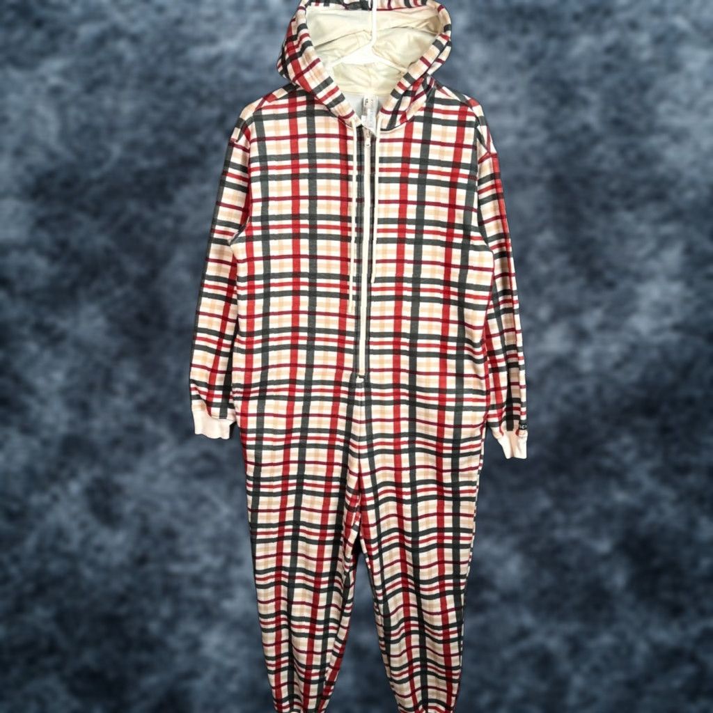 Fabletics VINTAGE Fabletics Womens Small Hooded Plaid Jumpsuit Pajamas One Piece Red Black Cotton Polyester S Womens Size 28" / US 6 / IT 42 - 1 Thumbnail