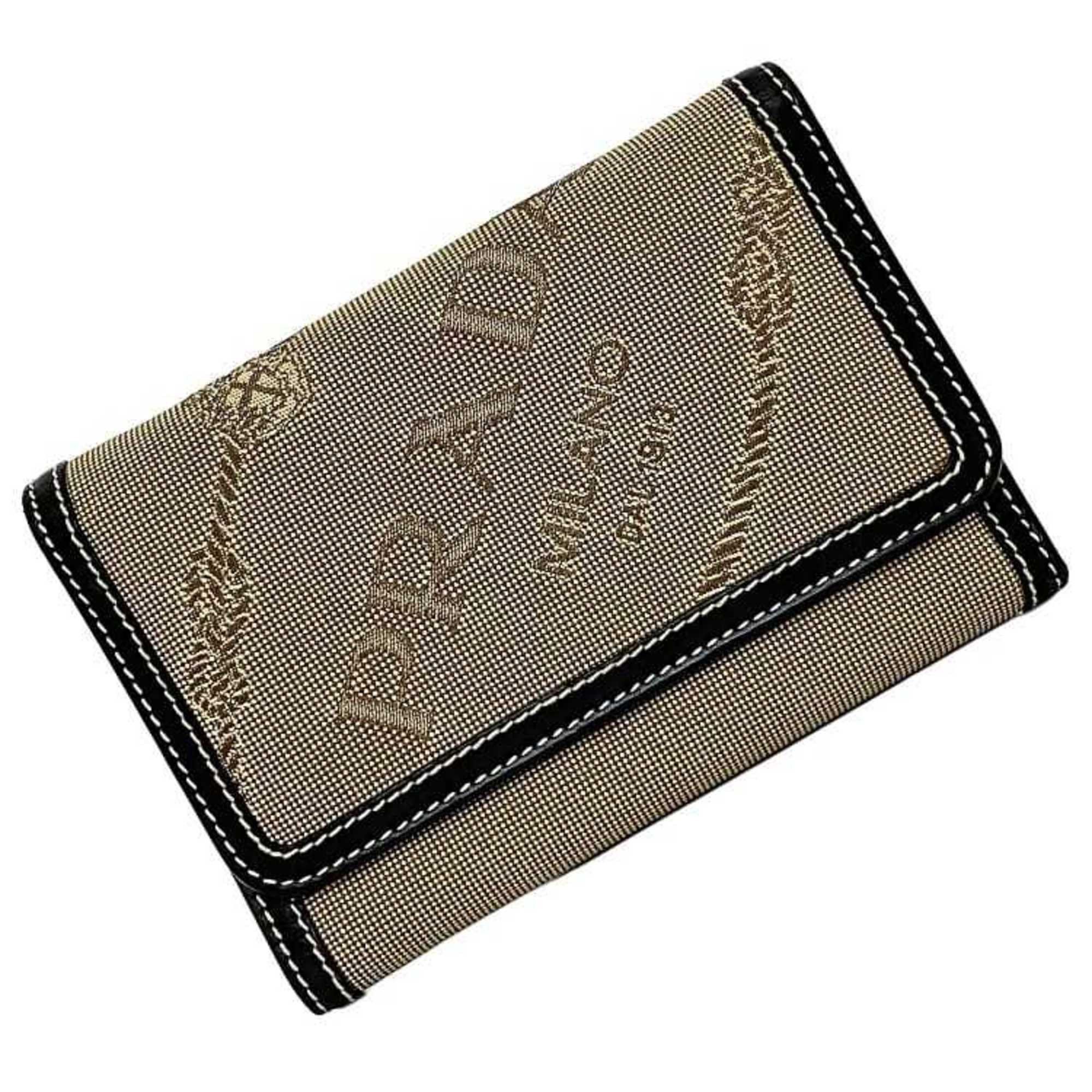 image of Prada Tri-Fold Wallet Beige Black Corda Bull Chart 1M0510 Jacquard Canvas Leather Fold Embroidery C