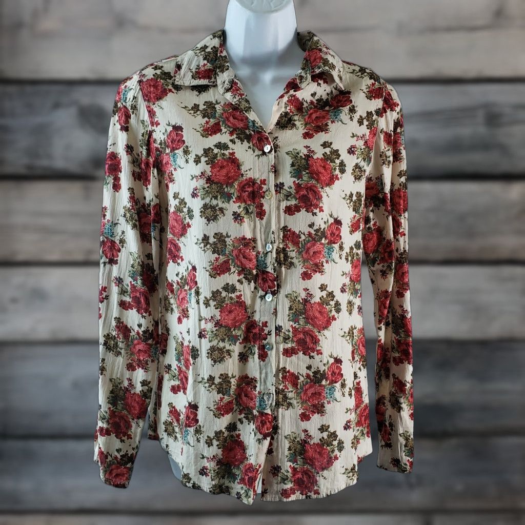 Vintage Fresh Produce Button-Up Shirt Womens XS Red Floral Long Sleeve Size XS Size XS / US 0-2 / IT 36-38 - 1 Thumbnail