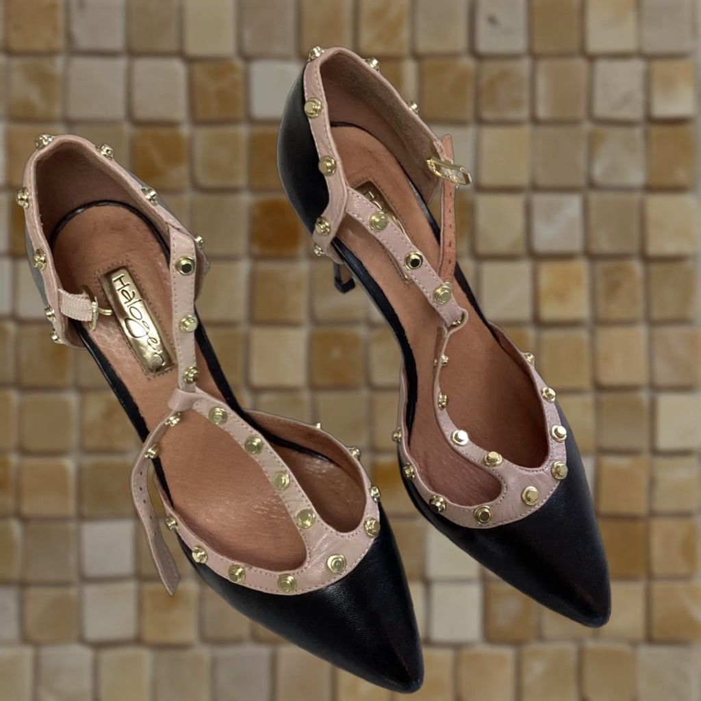 Vintage Nordstrom Halogen Martine Studded Mauve Black Patent Leather Heel Shoes Size 6.5, Women's