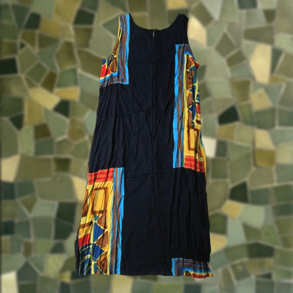 Vintage NWT Orient Pearl Indonesia Maxi Tank Dress 1X Blue Yellow Green Long 100% Rayon Women Sleeveless Size XL / US 12-14 / IT 48-50 - 1 Thumbnail