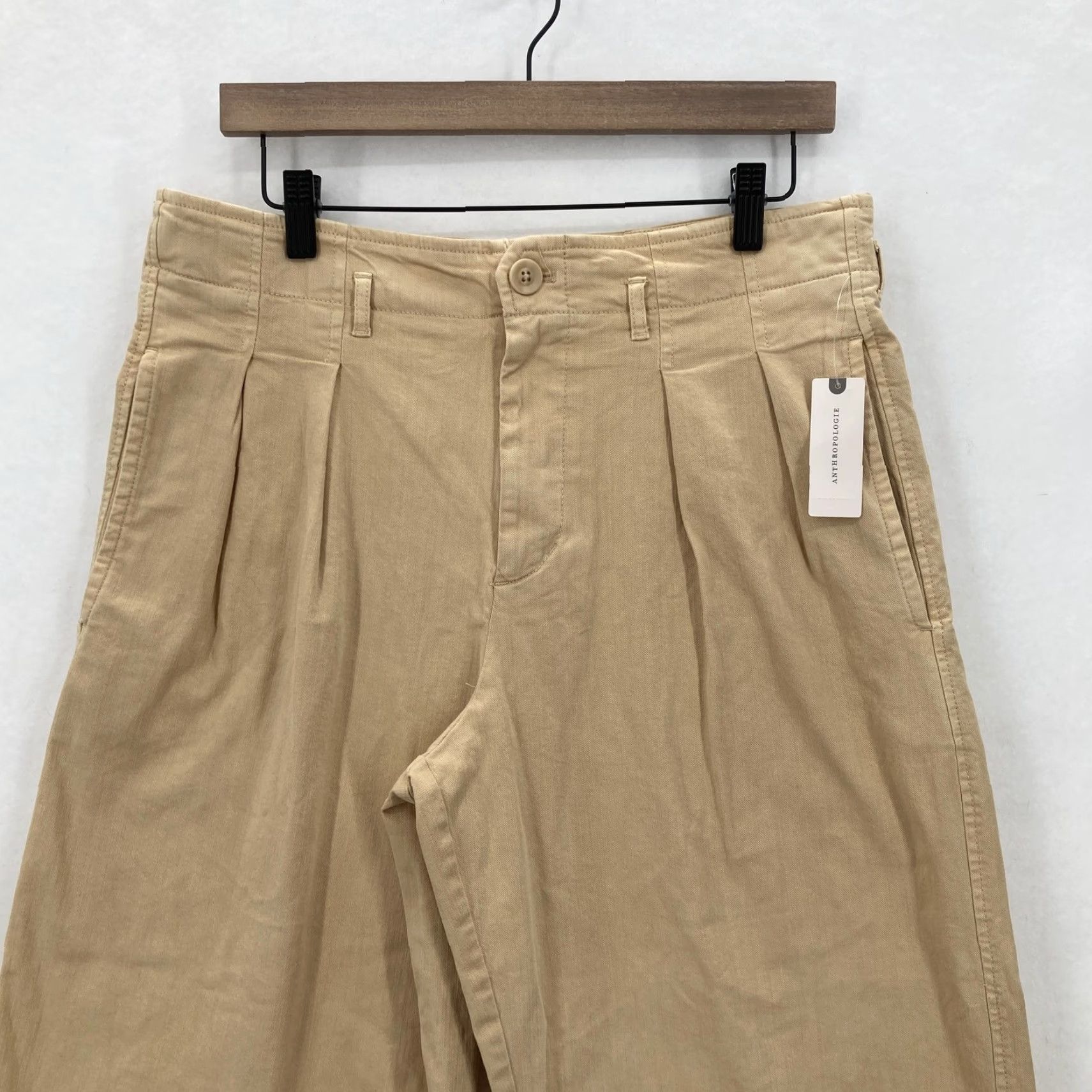 Vintage Maeve Pants Womens 10 Beige Wide Leg Pleated Crop Stretch Twill Front Pockets Zip Button Preppy Workwear Casual Size 32" / US 10 / IT 46 - 2 Thumbnail