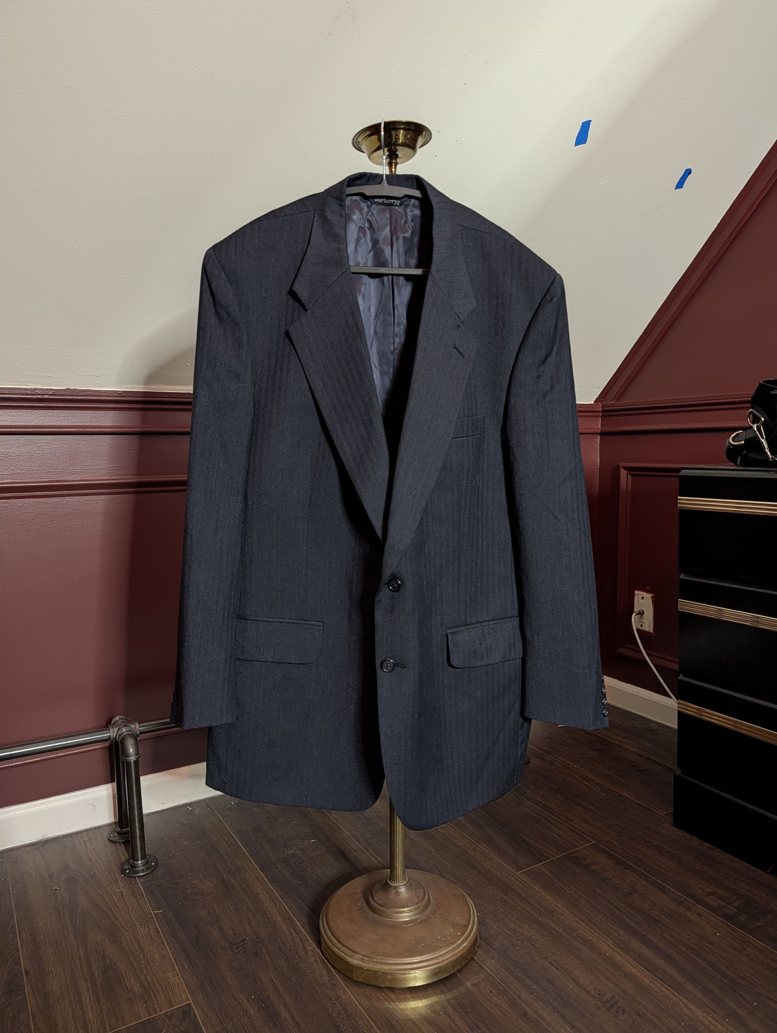 Burberry Charcoal herringbone striped pure wool tailored jacket MiUSA Size 46L - 1 Thumbnail