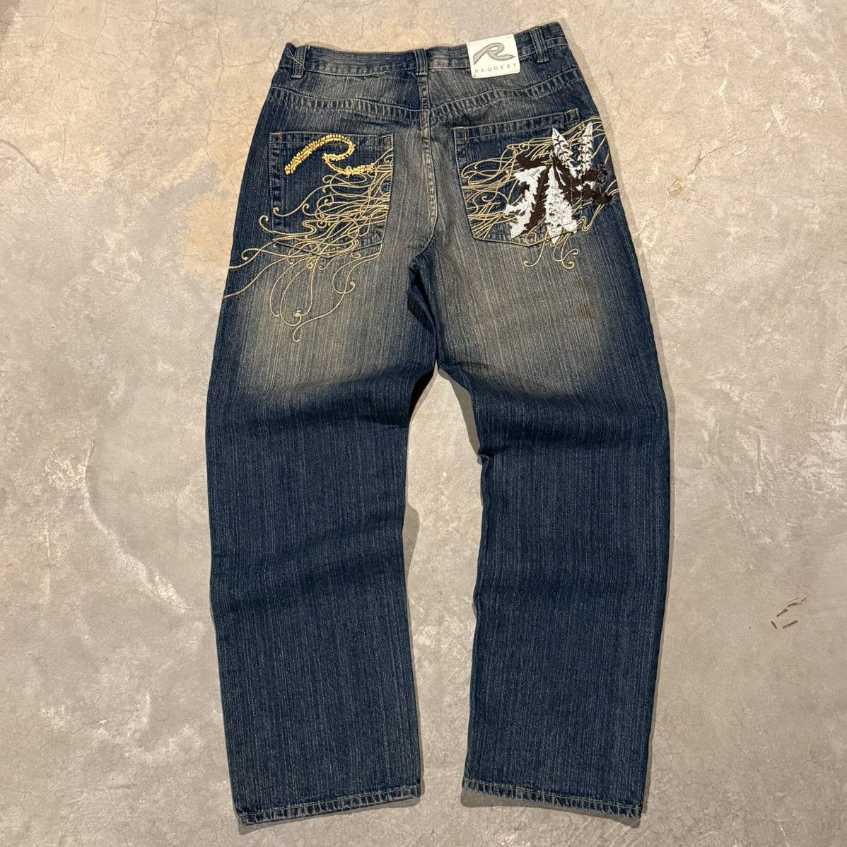 Vtg 2000s Mud Wash Embroidered Faded Baggy Jeans Y2K Grunge