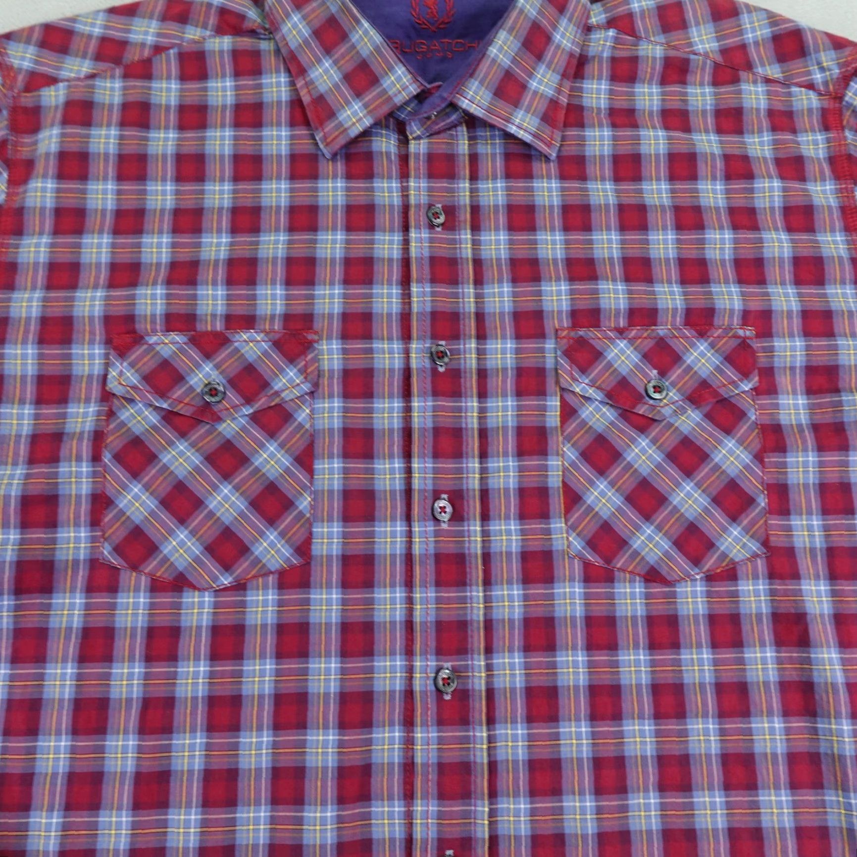 BUGATCHI Bugatchi Uomo Shirt Mens XL Red Plaid Button-Up Slim Fit Pockets Chest Collared Button Shirt Size US XL / EU 56 / 4 - 3 Thumbnail