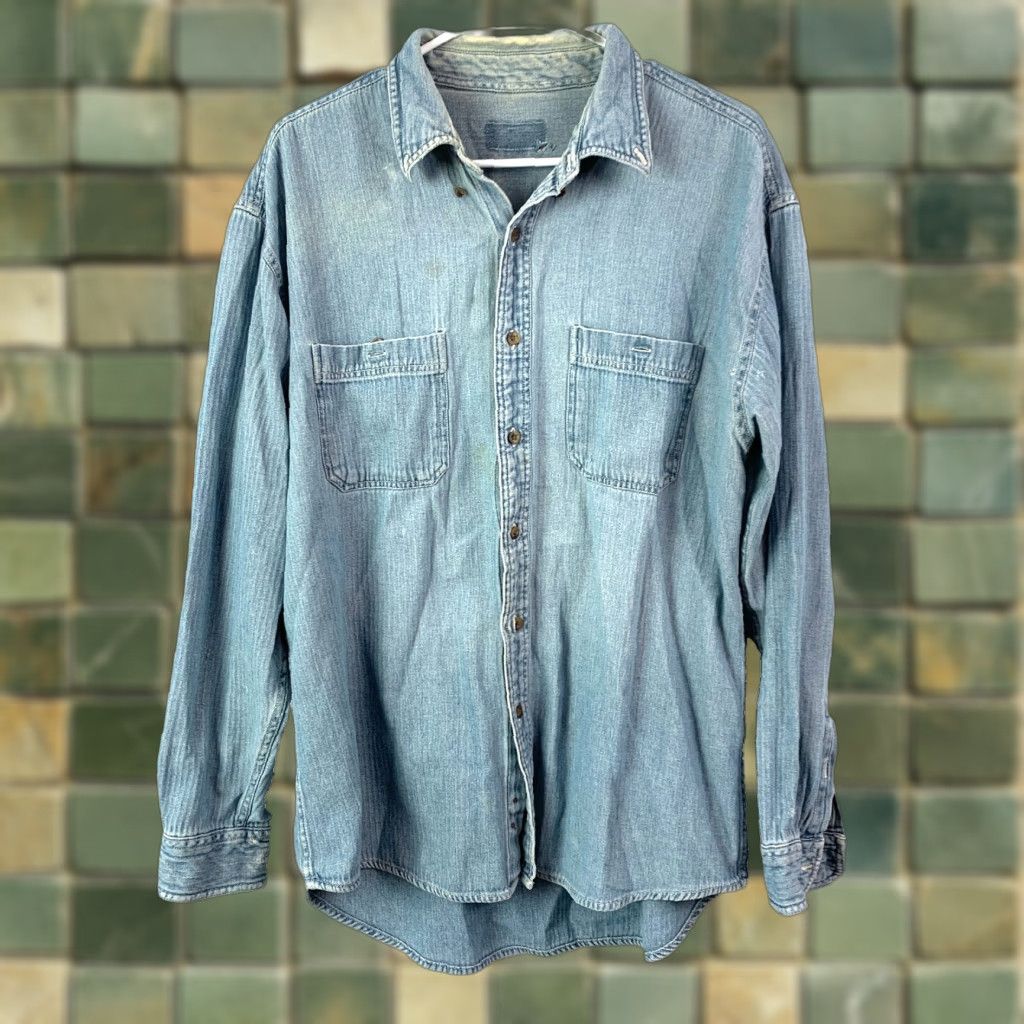 Denime Vintage Denim Button-Up Shirt XL 45" Chest Blue Solid Thrashed Destroyed Distressed Casual Mens Shirt Size US XL / EU 56 / 4 - 1 Thumbnail