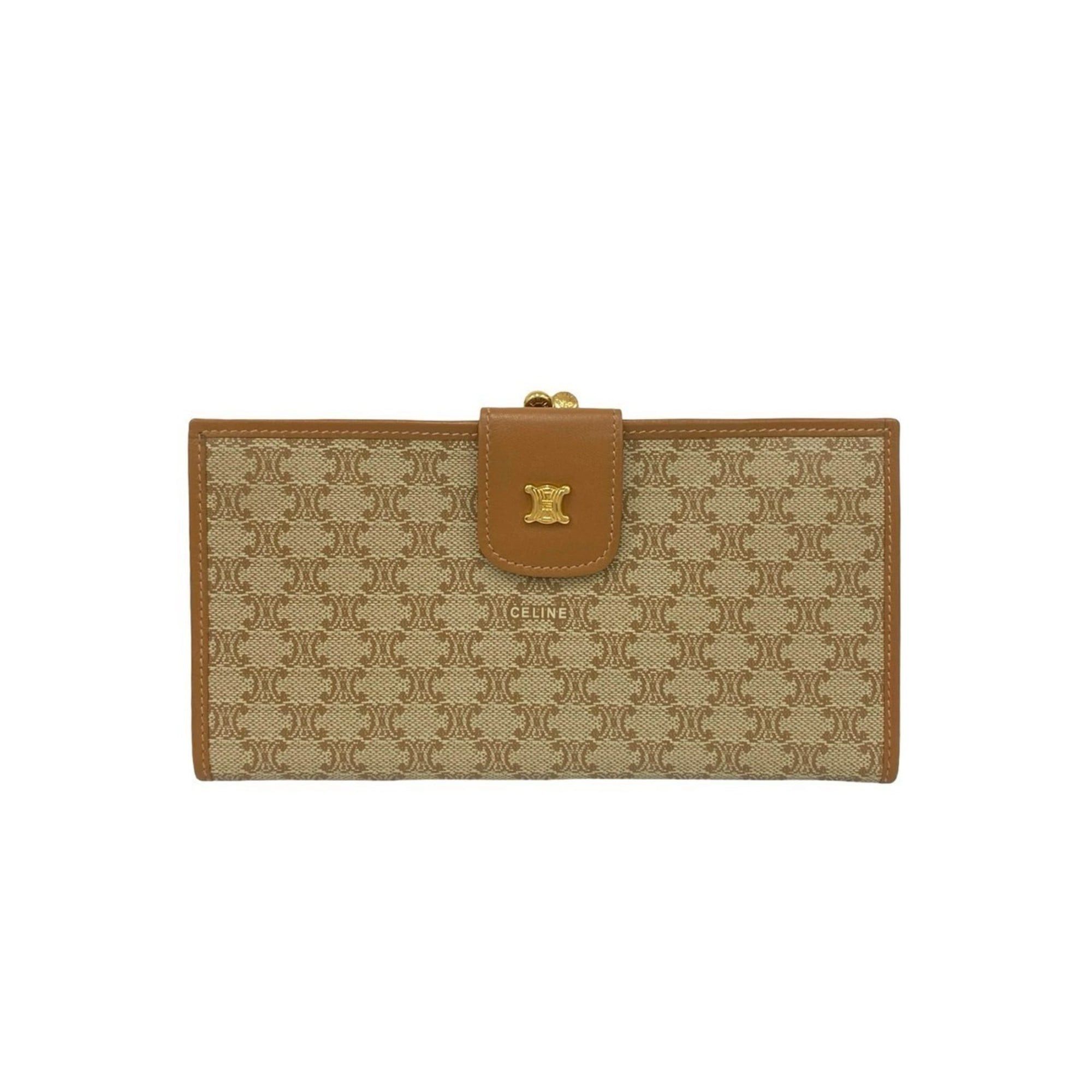 Celine CELINE Macadam Triomphe Logo Leather Bifold Clasp Long Wallet Beige Brown 37447 Size ONE SIZE - 1 Thumbnail