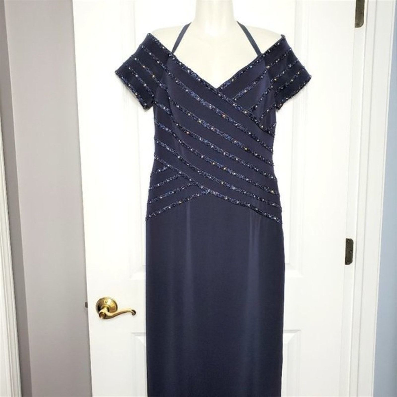 image of Designer Jovani Crystal Embellished Crisscross Formal Evening Gown in Blue, Women's (Size XL)